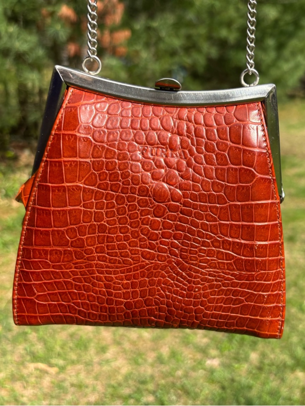 Furla Orange Croc-Embossed Leather Crossbody Bag with Silver Chain